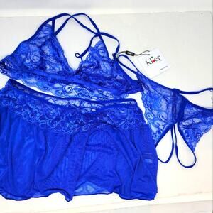 Kler Lingerie Set Lace Bra Skirt G string Panty Blue Sexy Valentine Size L NWT